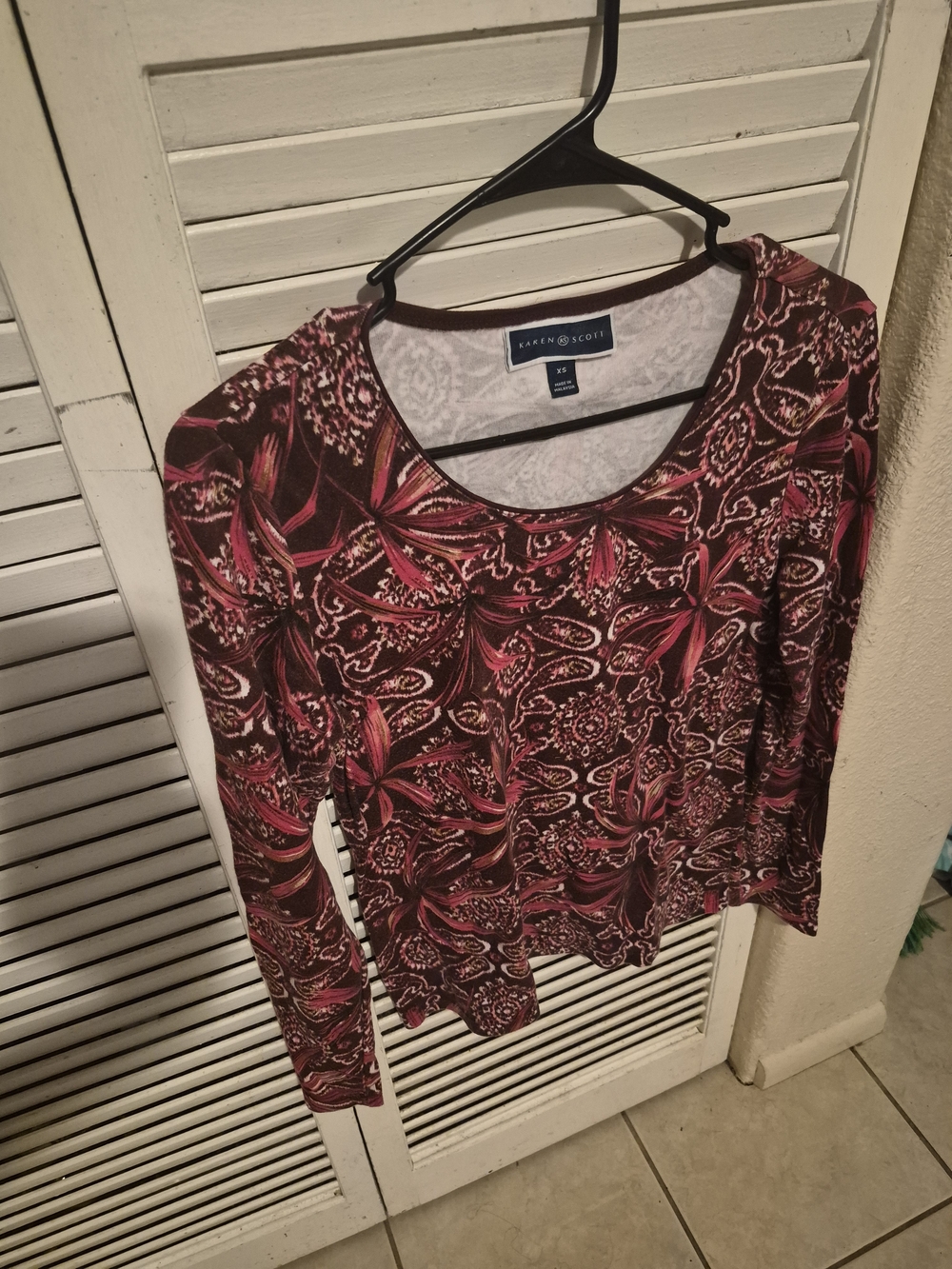 Karen Scott Burgundy & Pink Floral-Print Long Sleeve Scoopneck Top